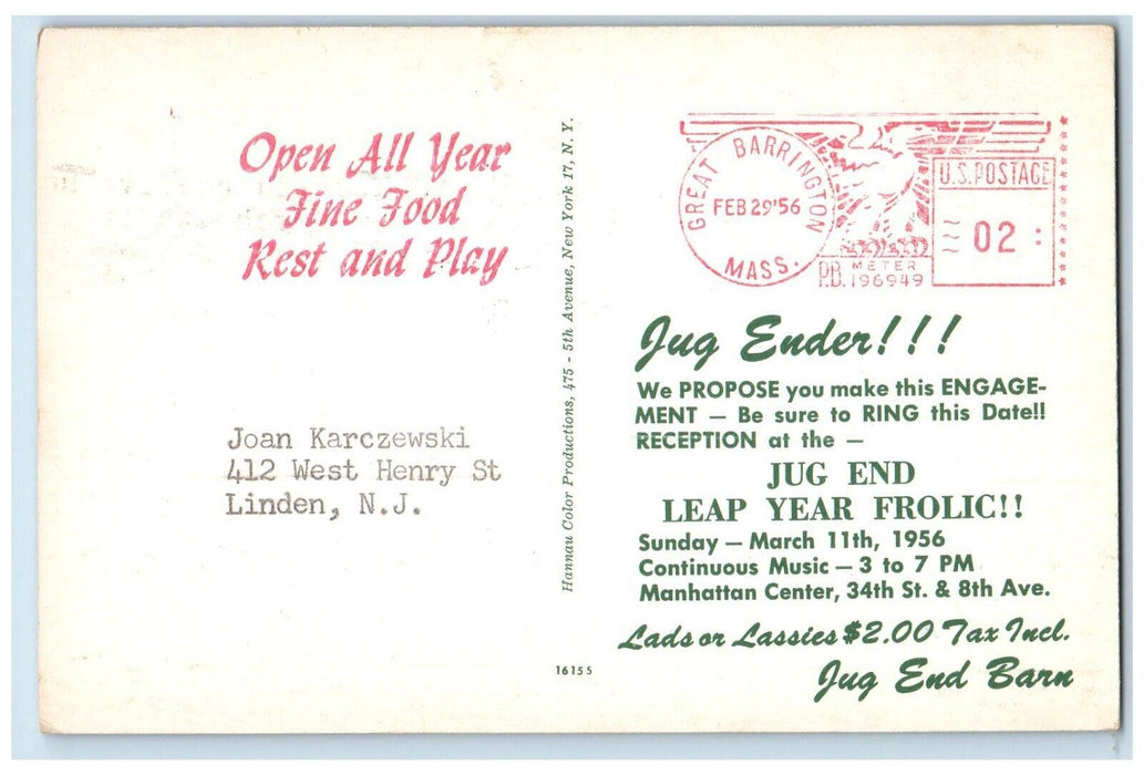 1956 Jug Ender Jug End Leap Year Frolic Manhattan Great Barrington MA Postcard