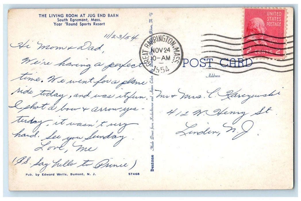 1954 Living Room Jug End Barn Round Resort South Egremont Massachusetts Postcard