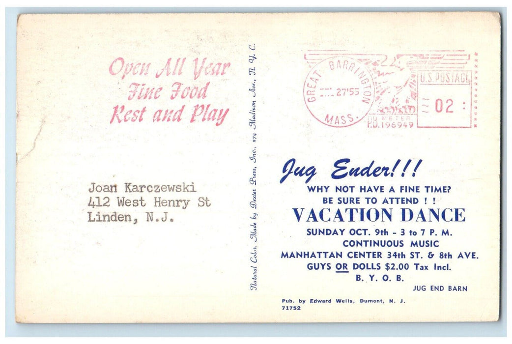 1955 Jug Ender Vacation Dance Manhattan Great Barrington Massachusetts Postcard