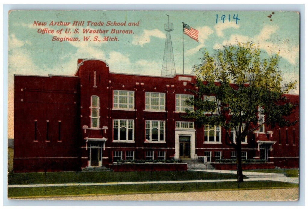 c1910 New Arthur Hill Trade School Office US Weather Bureau Saginaw MI Postcard
