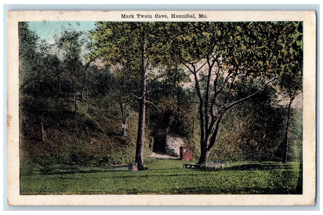 1920 Mark Twain Cave Field Park Trees Benches Hannibal Missouri Vintage Postcard