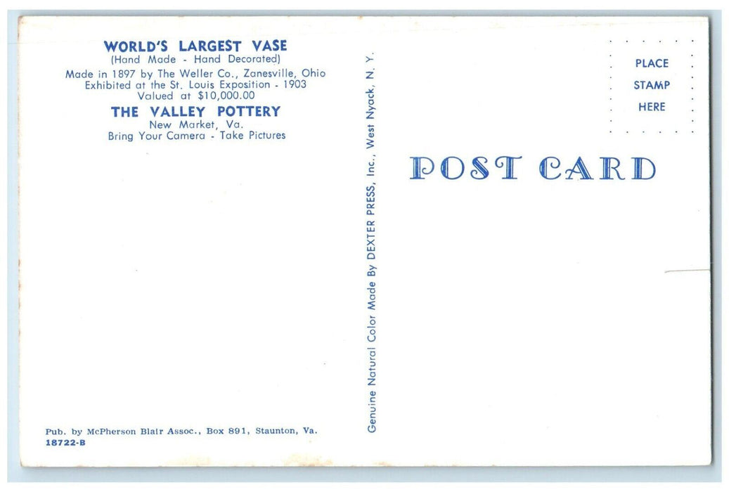 c1960 World's Largest Vase Hand Made Valley Pottery New Market Virginia Postcard