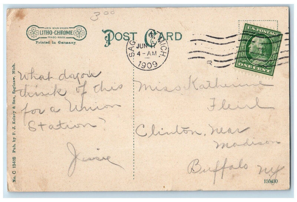 1909 Michigan Central RR Rail Road Station Saginaw Michigan MI Vintage Postcard