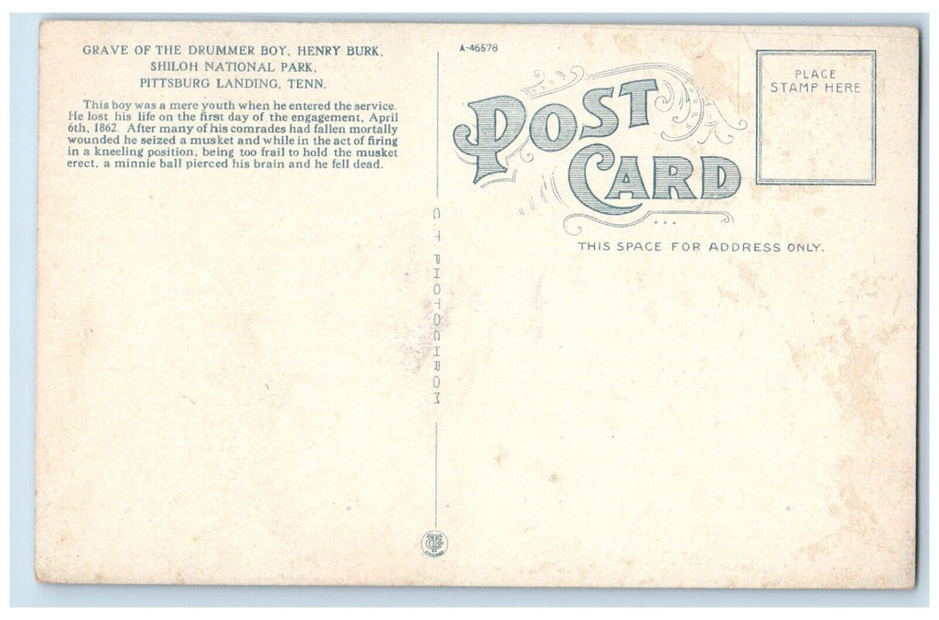 c1910 Grave Drummerboy Henry Burk Cemetery Pittsburg Landing Tennessee Postcard