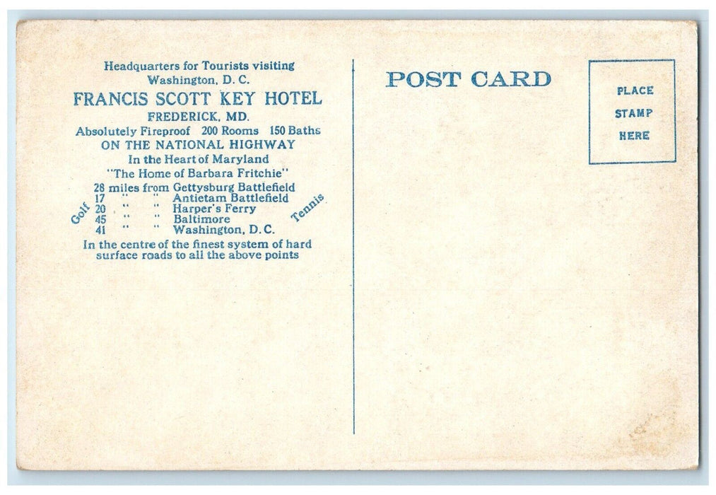 c1920 Grave Monument Francis Scott Key Hotel Frederick Maryland Vintage Postcard