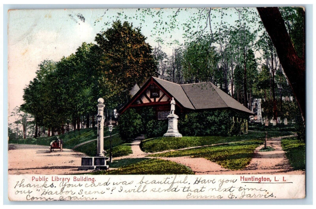 1906 Public Library Building Exterior Statue Huntington Long Island LI Postcard