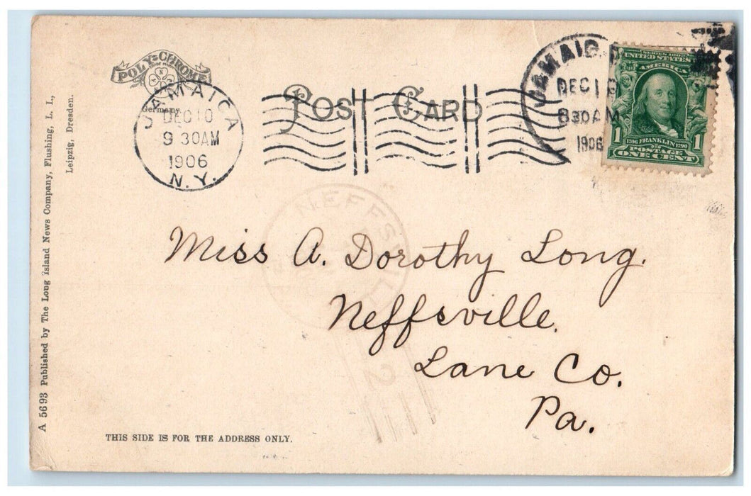 1906 Public Library Building Exterior Statue Huntington Long Island LI Postcard