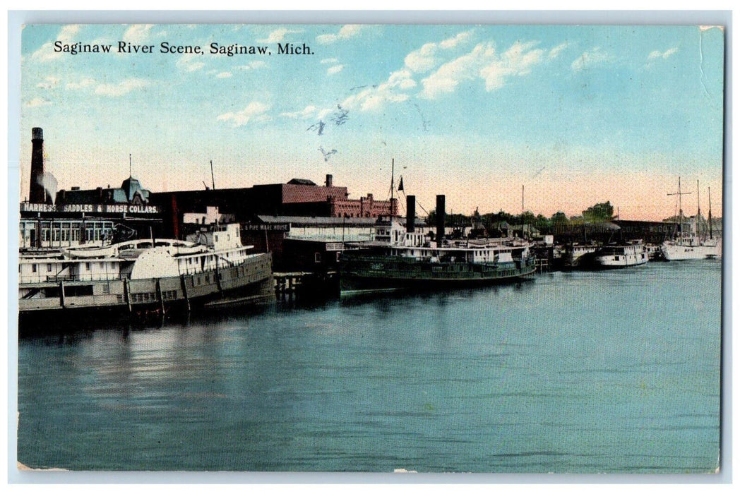 1913 Saginaw River Scene Boat Ship Saginaw Michigan MI Antique Posted Postcard