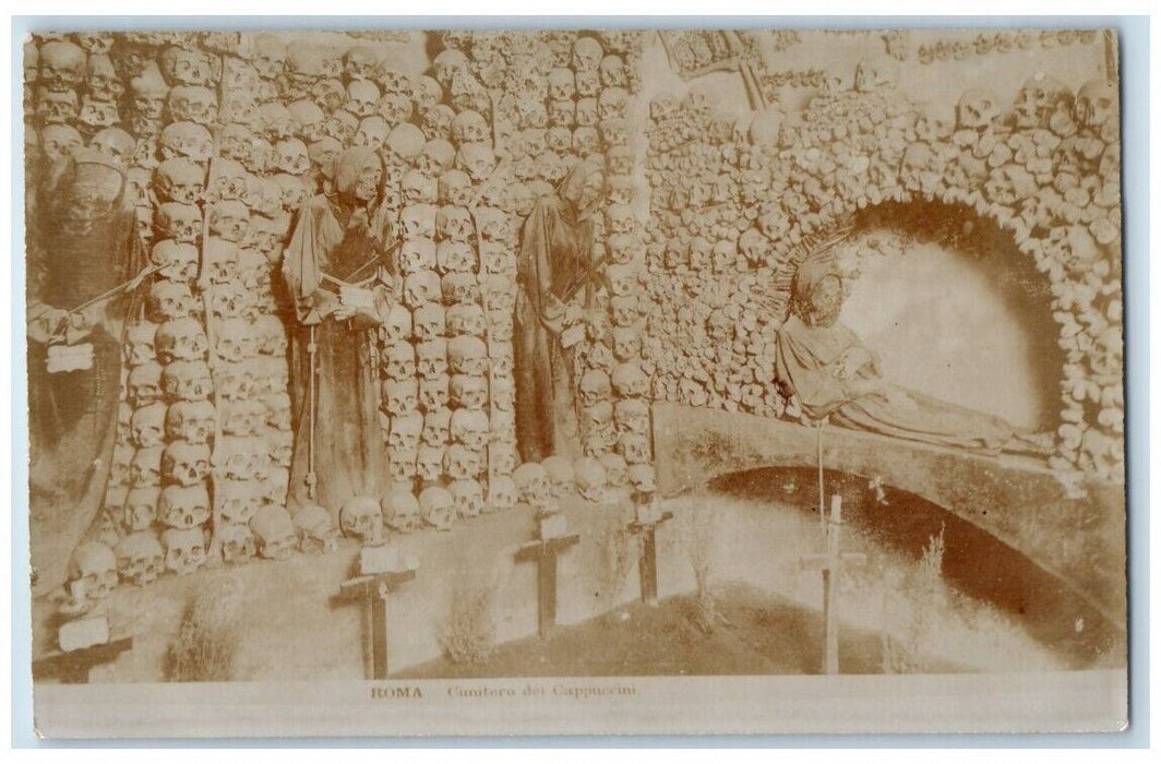 c1900 Capuchin Bone Crypt Skulls Monks Death Rome Italy RPPC Photo Postcard