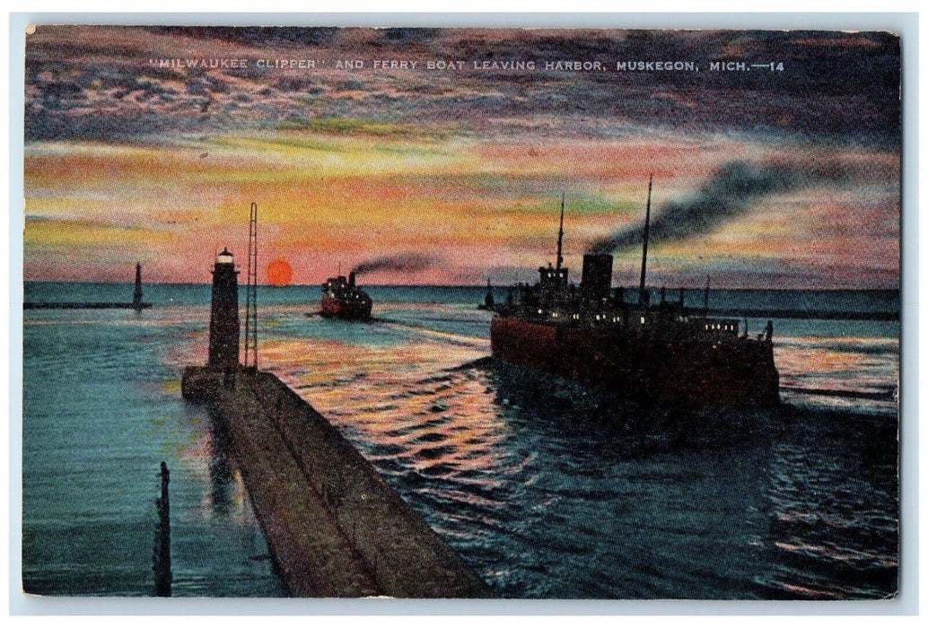1949 Milwaukee Clipper Ferry Boat Leaving Harbor Muskegon Michigan MI Postcard