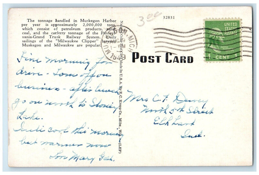 1949 Milwaukee Clipper Ferry Boat Leaving Harbor Muskegon Michigan MI Postcard