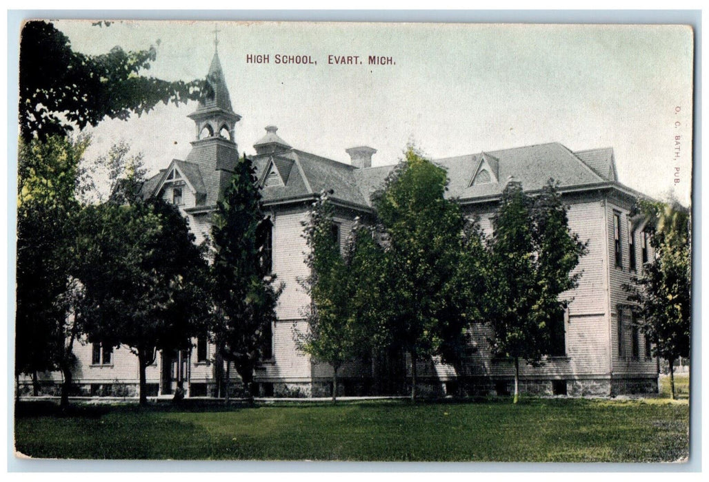 High School Building Trees Exterior Scene Evart Michigan MI Antique Postcard