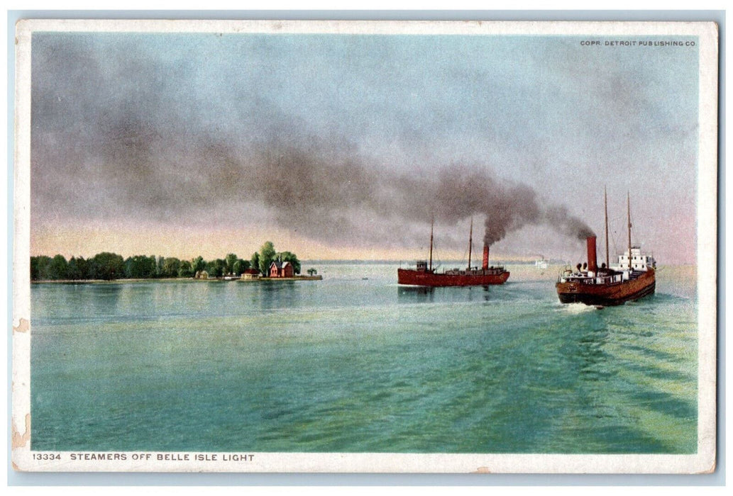 View Of Steamers Ship Off Belle Isle Light Michigan MI Antique Phostint Postcard