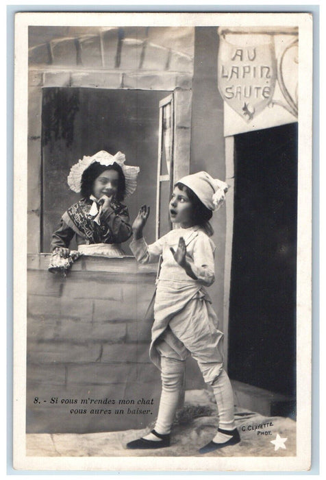 c1905 Children On Window Au Lapin Saute France Clayette RPPC Photo Postcard