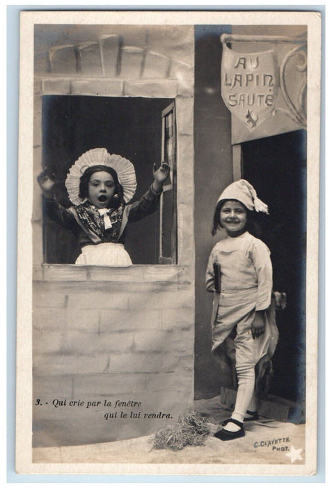 c1905 Children On Window Surprise France Clayette RPPC Photo Antique Postcard