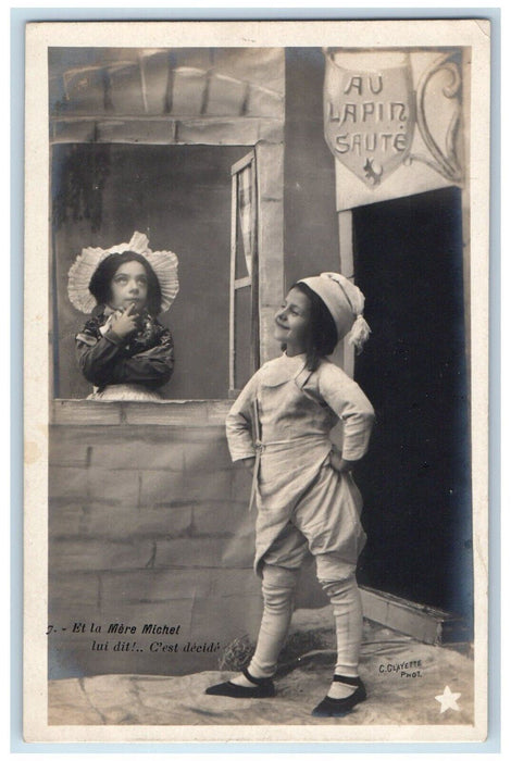 c1905 Children On Window Thinking France Clayette RPPC Photo Antique Postcard