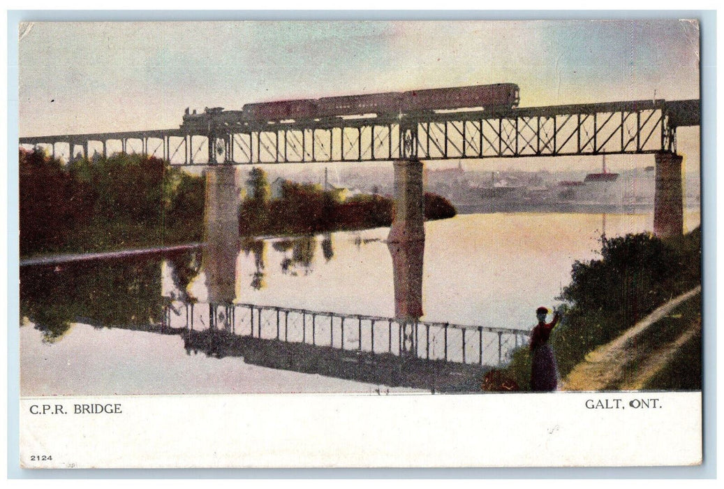 c1910 Train Locomotive C.P.R. Bridge Galt Ontario Canada Antique Postcard