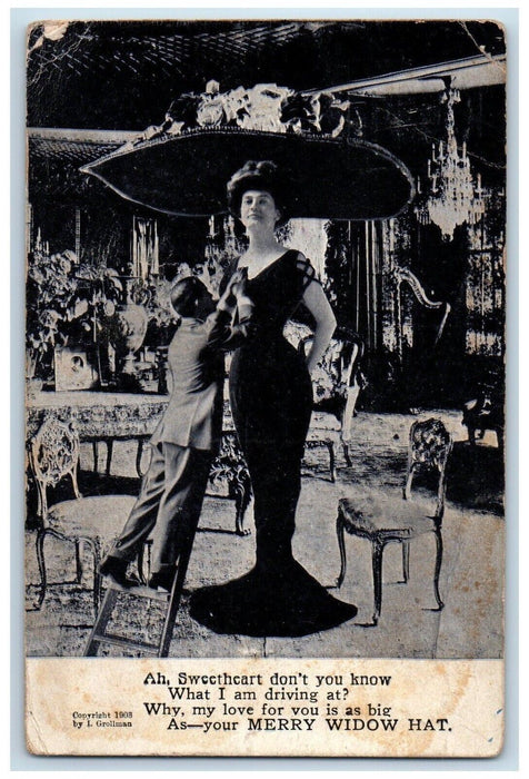 c1910's Tall Woman Merry Widow Hat Man Climb Ladder Logan VA Antique Postcard