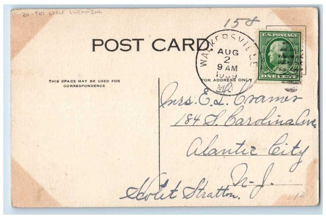 1909 Fat Girls Swimming Walkersville Maryland MD Posted Antique Postcard