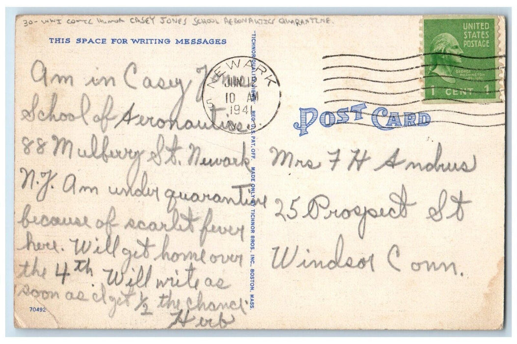 WWI Comic Humor Casey Jones School Aeronautics Quarantine Newark NJ Postcard