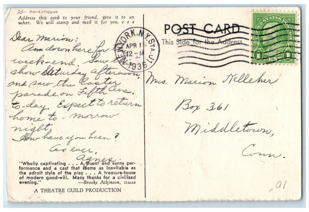 1936 End Of Summer Comedy Ina Claire And Osgood Perkins Advertising Postcard