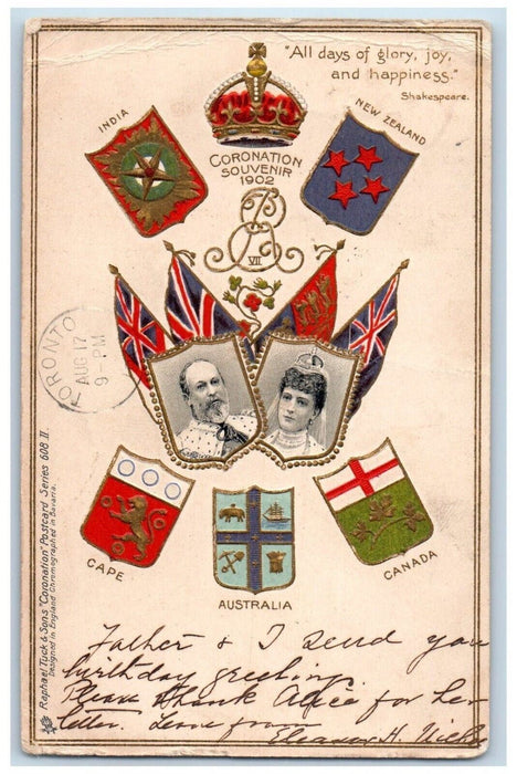 c1905 Coronation Seals Flags Embossed Toronto Canada Posted Antique Postcard