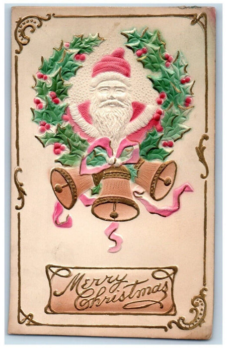 1910 Merry Christmas Santa Claus Berries Bells Wilkinsburg PA Antique Postcard