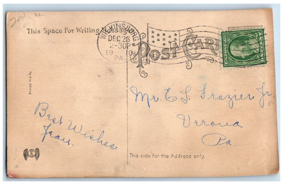 1910 Merry Christmas Santa Claus Berries Bells Wilkinsburg PA Antique Postcard