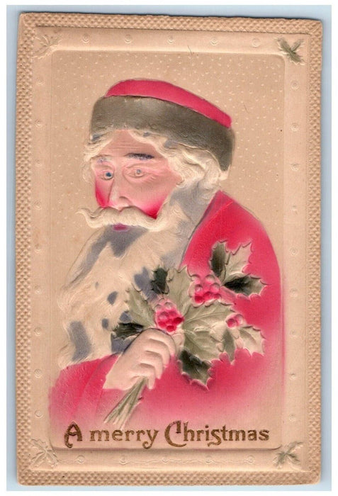 c1910's Merry Christmas Santa Claus Holly Berries Airbrushed Embossed Postcard