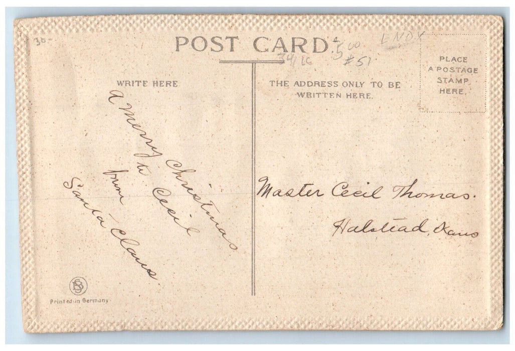 c1910's Merry Christmas Santa Claus Holly Berries Airbrushed Embossed Postcard
