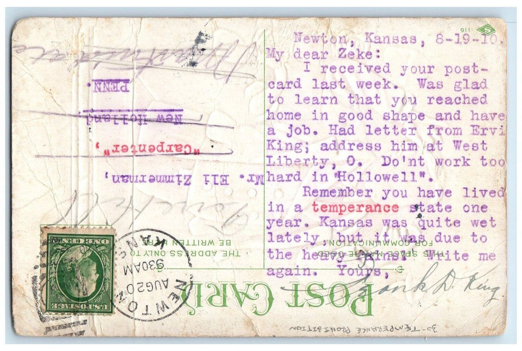 1910 The Clerk Counter Part Temperance Prohibition Newton Kansas KS Postcard