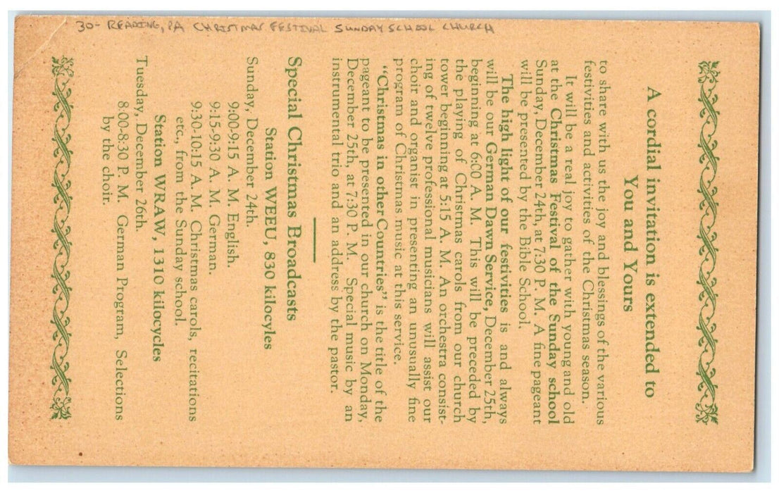 Christmas Message Festival Sunday School Church Reading PA Antique Postcard