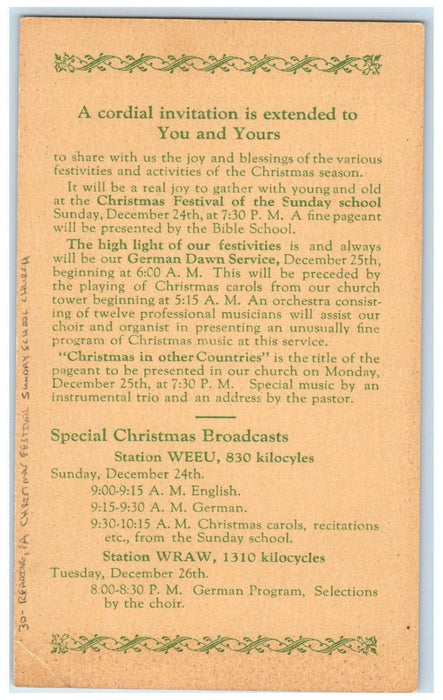 Christmas Message Festival Sunday School Church Reading PA Antique Postcard