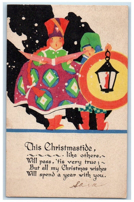 1925 Christmastide Lantern Craftacres Buzza Arts Crafts Antique Postcard