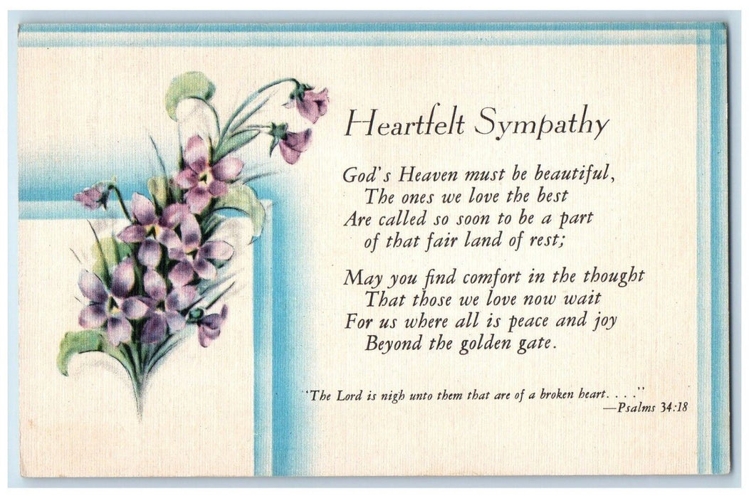 1944 Heartfelt Sympathy Message Purple Flowers Rinard Mills Ohio OH Postcard