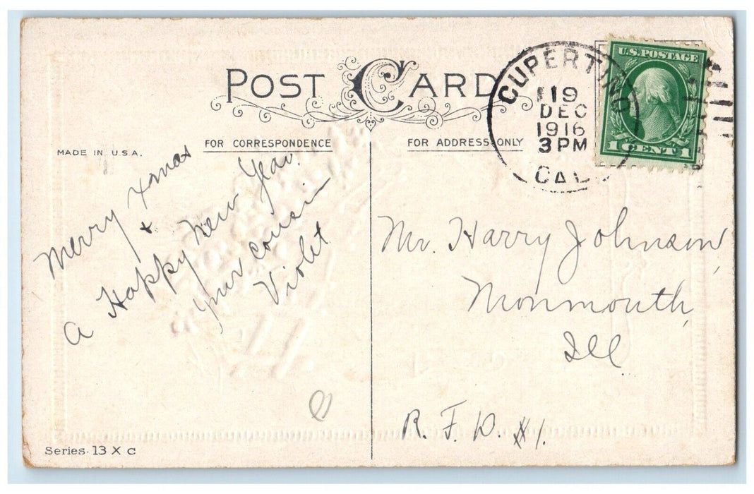 1916 Christmas Purple Flowers Fence House Embossed Cupertino CA Antique Postcard