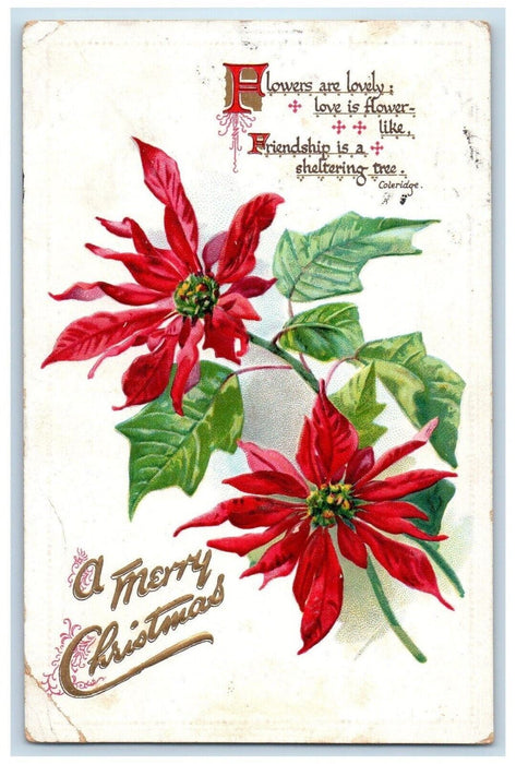 1913 Christmas Poinsettia Flowers Embossed Tuck's Waterloo IN Antique Postcard