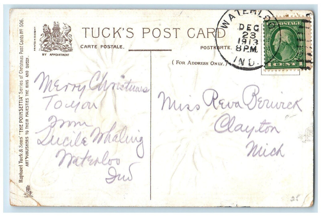 1913 Christmas Poinsettia Flowers Embossed Tuck's Waterloo IN Antique Postcard