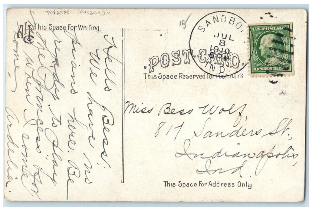 1910 Spectacular Show Theater Sanborn Indiana IN Posted Antique Postcard