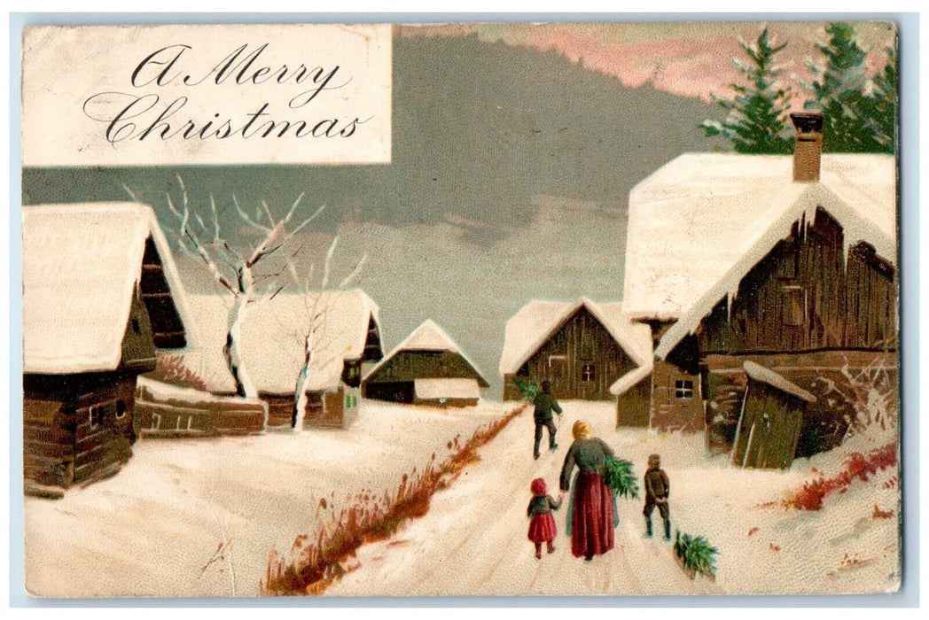 1907 Christmas Family Bringing Tree Berries Winter Chicago Illinois IL Postcard