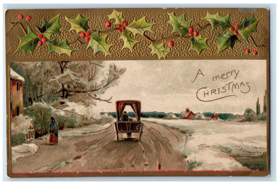c1910's Christmas Holly Berries Horse Carriage Winter Embossed Antique Postcard