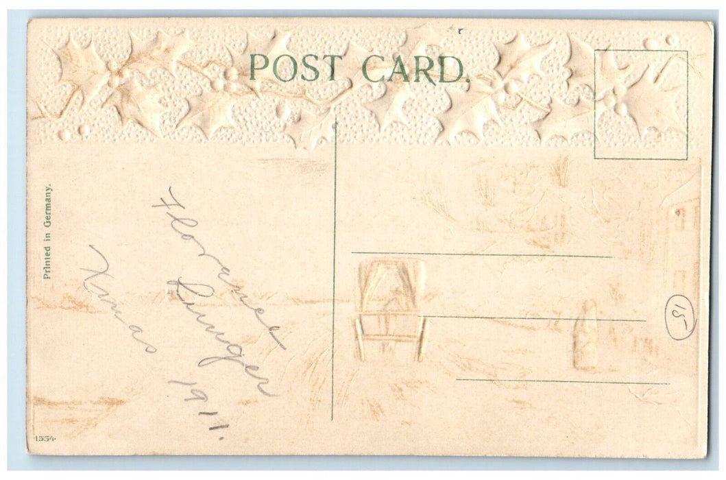 c1910's Christmas Holly Berries Horse Carriage Winter Embossed Antique Postcard