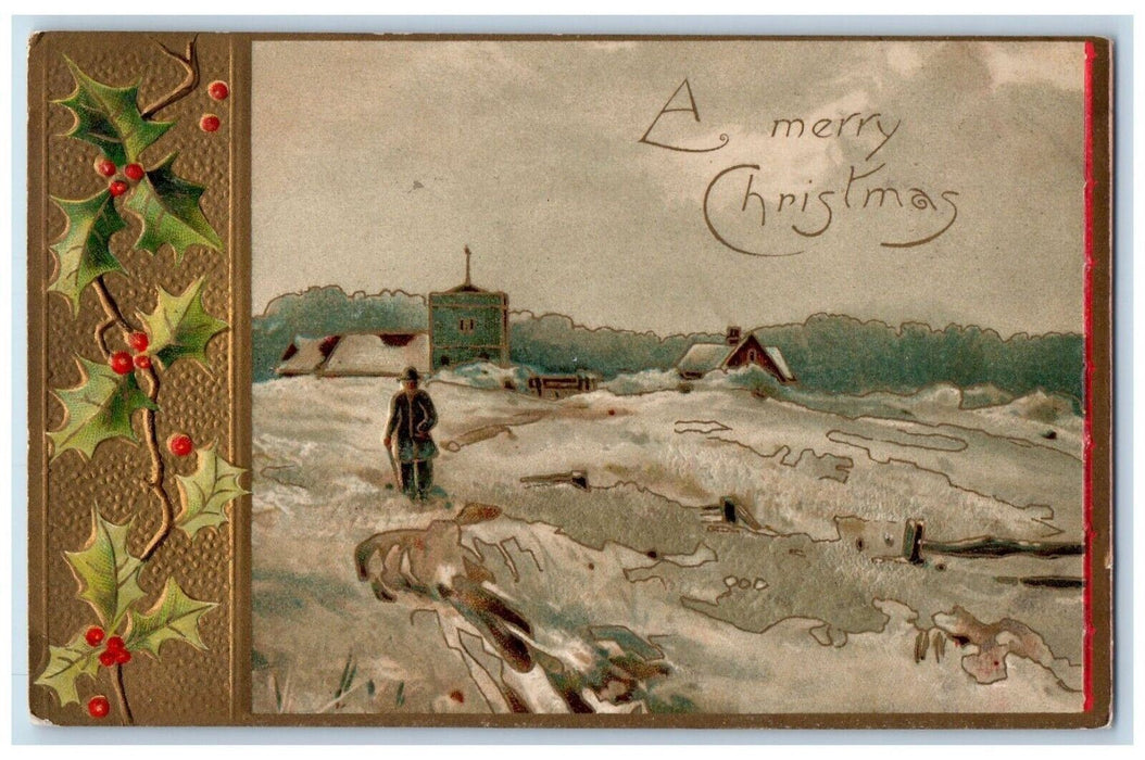 1912 Christmas Holly Berries Boy Winter Embossed Indiana PA Antique Postcard