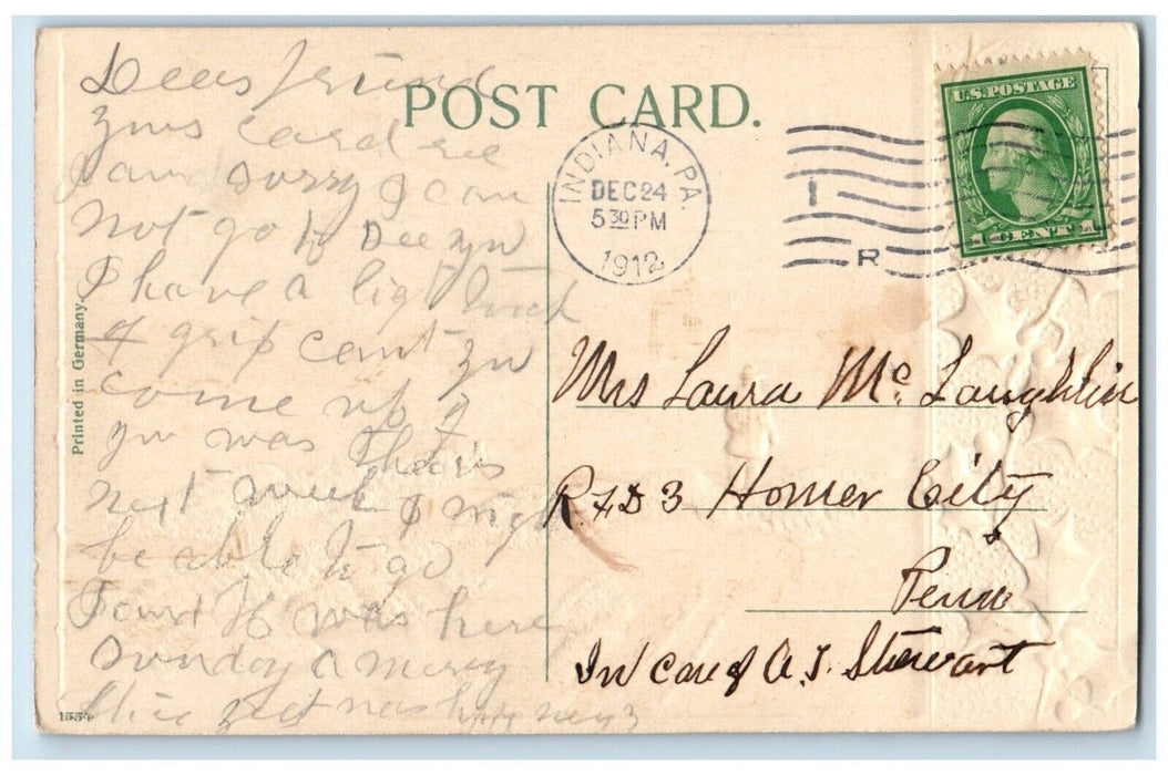 1912 Christmas Holly Berries Boy Winter Embossed Indiana PA Antique Postcard