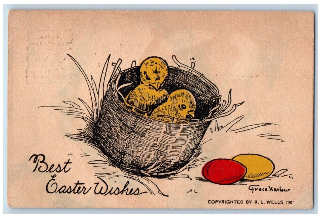 1911 Easter Wishes Chicks In Basket Eggs Grace Harlow Posted Antique Postcard