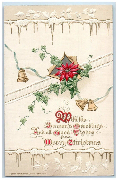 c1910's Christmas Greetings Poinsettia Flower Ringing Bell John Winsch Postcard