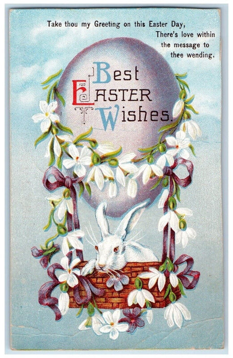1911 Easter Wishes Egg Rabbit In Basket Flowers Newark NJ Antique Postcard