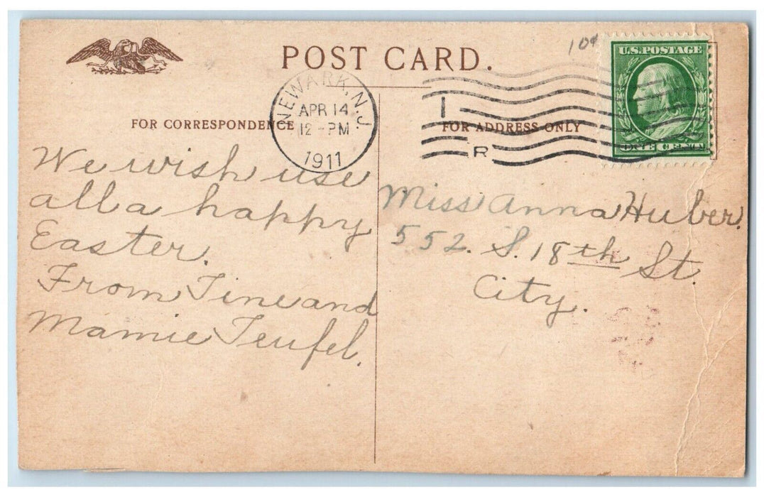 1911 Easter Wishes Egg Rabbit In Basket Flowers Newark NJ Antique Postcard