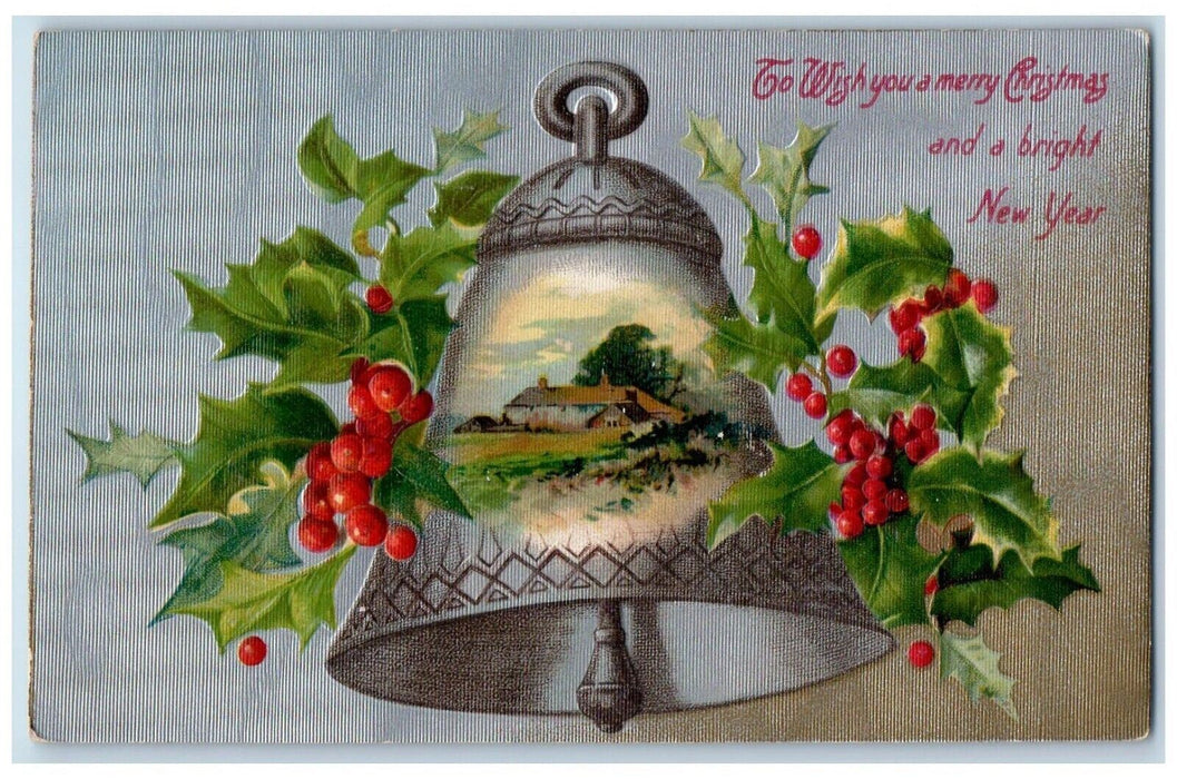 c1910's Christmas Ringing Giant Bell Holly Berries Winsch Back Embossed Postcard