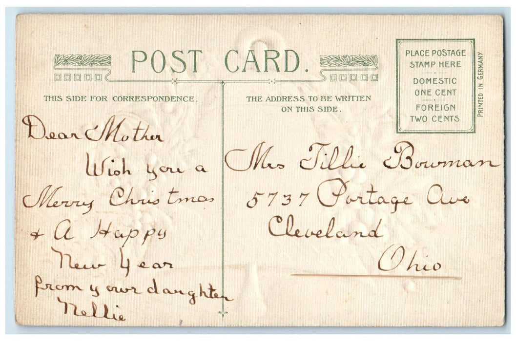c1910's Christmas Ringing Giant Bell Holly Berries Winsch Back Embossed Postcard